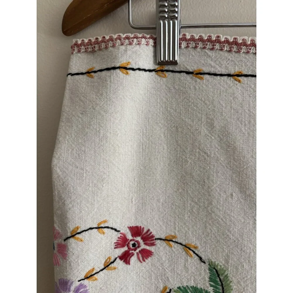 Vintage Hand Embroidery Cotton Table Cloth Floral 37x34” Square Ivory
